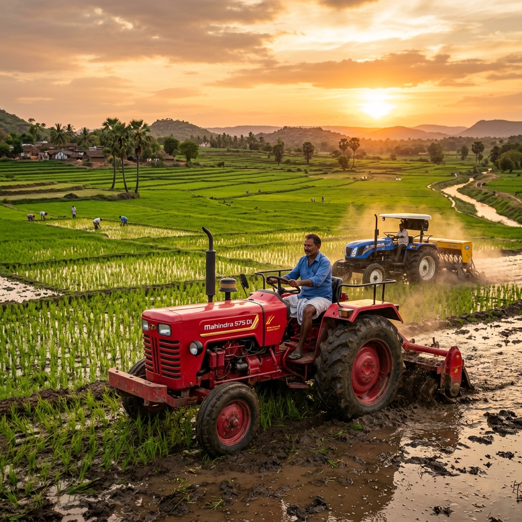Farmers operating modern tractors and farm equipment in green paddy fields in Telangana